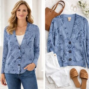 Chico's Floral Cardigan Sweater Women 2 L Blue Excellent Linen Blend V-Neck